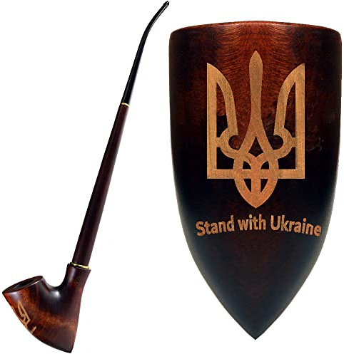 33 cm lång Churchwarden-rökpipa i päronträ med ukrainska trefoten-gravyr | För 9 mm filter | Sammetspåse ingår | Endast för tobaksanvändning
