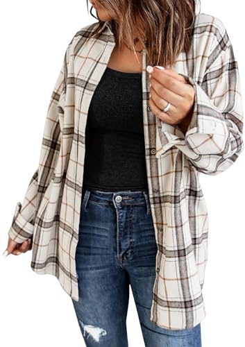 Fisoew Blouses à Manches Longues carrées en Flanelle pour Femmes, boutonnées, Vestes décontractées, Beige, M