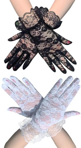 HSYTEK 2 stycken spetshandskar för damer, svarta och vita, korta näthandskar med blommönster, handskar för brudsmycken, bröllopsfest, bal, kvällshandskar, halloween, cosplay