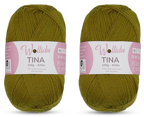 Wollidu Tina - Ovillo de lana para calcetines, 4 hilos, 75% lana, 25% poliamida, 100 g/420 m, grosor de aguja de 2 a 3 mm, lana para calcetines, color verde oliva