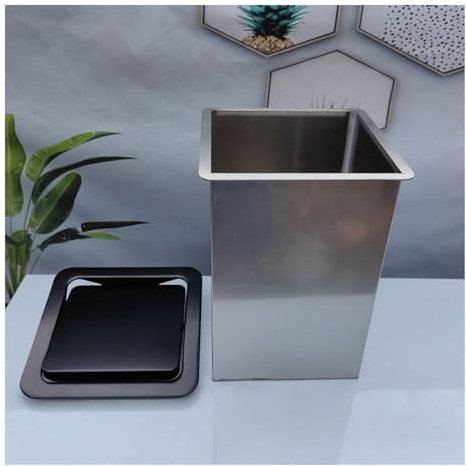 OREKPOT Integrated Stainless Steel Lid Hidden Square Trash Can - 27.6 x 19.5 cm, Sleek Under-Counter Waste Bin for Kitchen & Office, Stylish Black Design, Space-Saving ，Black 10.6X7.3in