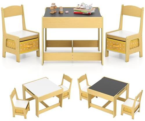 GOPLUS Juego de Mesa y 2 Sillas Infantil 3 en 1, Grupo de Asientos y Escritorio con Pizarra para Niños, Mueble Infantil con Cajon de Almacenamiento Que Ahorra Espacio, Madera, Naranja (Amarillo)