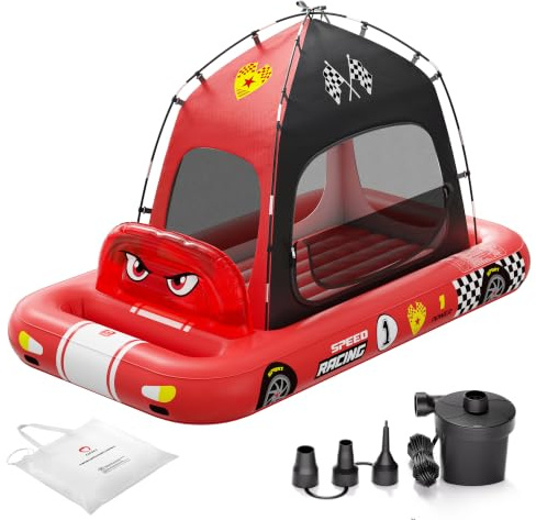 QPAU Race Car Inflatable Kids Air Mattress with Tent & Electric Pump