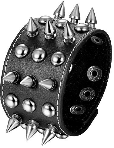 JewelryWe Schmuck Herren Lederarmband, Punk Rock Nieten Killernieten Druckknopf Breit Leder Armband Armreif Manschette, Schwarz