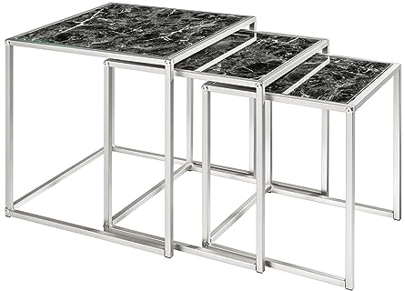 Invicta Interior Design Beistelltisch 3er Set Elements 40cm schwarz Glasplatten in Marmoroptik Satztische Couchtisch Tischset