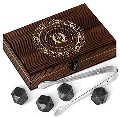 Maverton Pierres à Whisky dans la boîte personnalisée - Cadeau d’Anniversaire pour Chaque Homme - Coffret de 6 Pierres - Boîte en Bois gravée - Lot de Pierres en Granit - Sceau