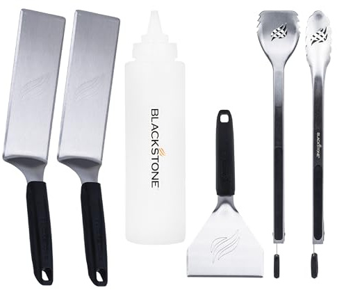 Blackstone 5464 Griddle Tool Kit Outdoor Indoor Grill BBQ Utensils Cooking Accessories-Heat Resistant– 2 Long Spatulas, 2 Angled Scraper Classic Tong, 1 (32oz) Squeeze Bottle, Black, Silver, White