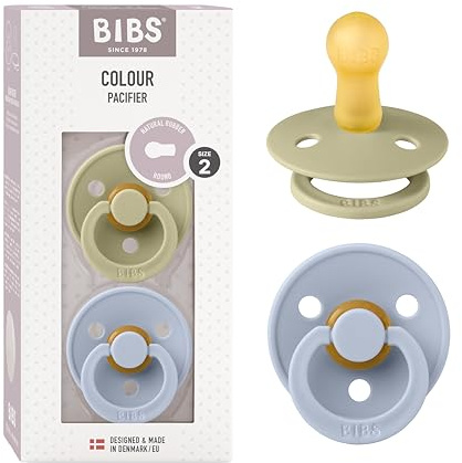 BIBS Colour Dummy, 6-18 Months, 2-Pack, Round Teat, Khaki/Dusty Blue | Natural Rubber Latex | Size 2 | BPA-Free | Made in Denmark | High Teat Acceptance | Airflow Holes | Comfort Shield