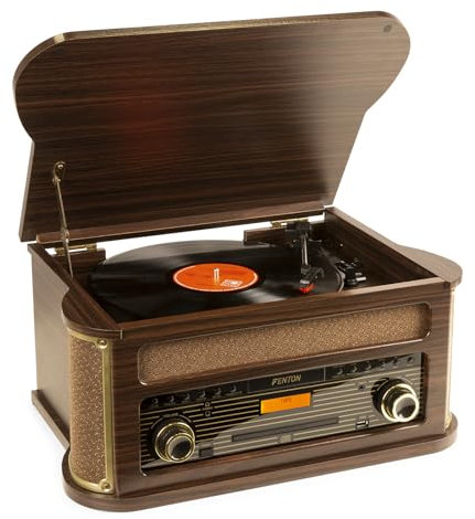 Fenton Memphis, Kompaktanlage mit Plattenspieler Retro, Bluetooth, CD, MP3, DAB+ Radio, Kassettenpieler, Retro Schallplattenspieler mit DAB Radio, FM, USB, Dunkelbraun
