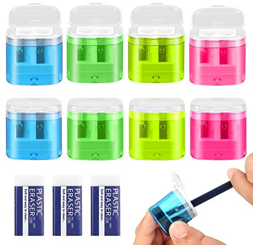 8 Stücke 4 Farben Anspitzer mit Behälter und 3 Radierer, Anspitzer Kinder, Doppelanspitzer mit Behälter Deckel Spitzer Metall Bunt Manueller Bleistiftspitzer für Schule Büro (8 Stück - Klein)