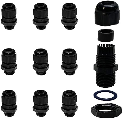Alkan Glándulas de cable de plástico M16 x 1,5 IP68 negro, 10 unidades, 5-10 mm | Pasacables métricos de plástico negro con contratuerca, impermeable IP68, para cable de 5 a 10 mm de diámetro