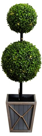 Nearly Natural 3ft. UV Resistant Artificial Double Ball Boxwood Topiary with LED Lights in Decorative Planter (Indoor/Outdoor)