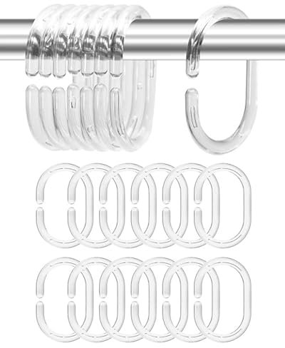 HSIXHAF 48 pcs Anneau De Rideau Transparent, Anneau De Douche en Plastique, Anneau De Rideau De Douche en Forme De C, Anneau De Suspension De Rideau, Crochets pour Rideaux de Salle de Bain