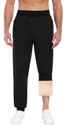 Niwicee Herrjoggingbyxor fleece joggingbyxor casual termiska träningsoverall byxor vinter varma plyschbyxor med fickor dragsko loungebyxor, Svart, M