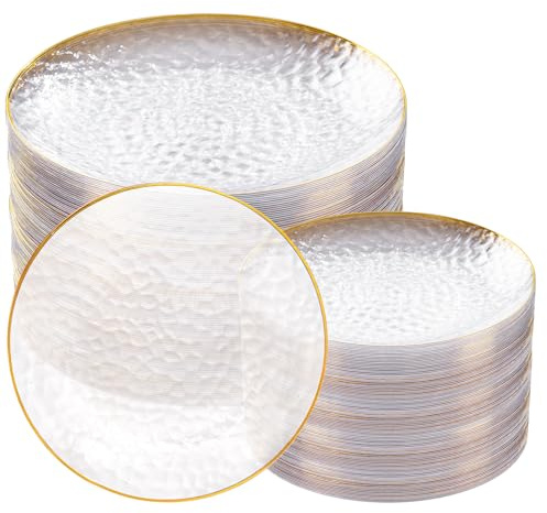 Rubtlamp 100Pcs Clear Gold Plastic Plates, Disposable Plates With Gold Rim, Heavy-duty Party Platos, Hammered Plastic Plates Include 50 Clear Dessert Plates, 50 Dinner Plates for Party