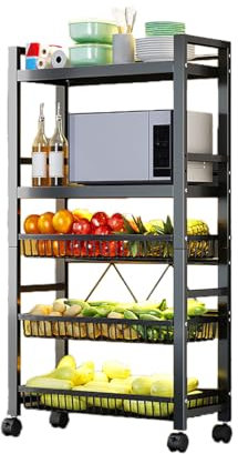 Heikoeco® Rollwagen Metall mit 5 Ebene, Multifunktionaler Servierwagen mit Plattform und Körben auf Rollen, Küchenregal mit Griffen für Küche, Wohnzimmer, Bad, Bastelwagen Küchenwagen Schmal