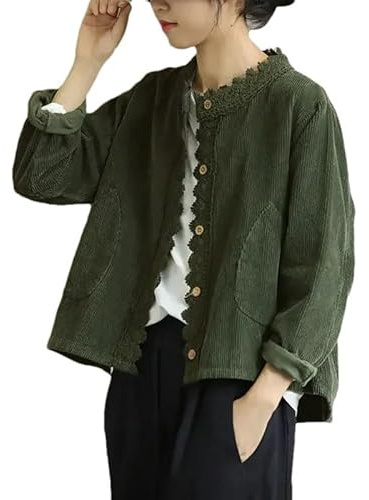 Manteau à col montant en velours côtelé avec dentelle pour femme, style vintage, à bouton unique, rayé, XXL
