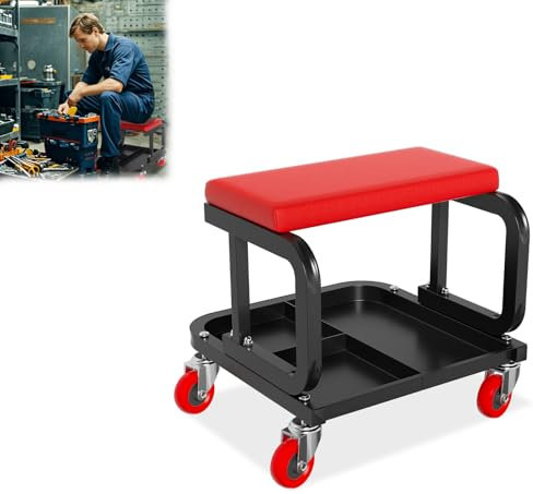 AufuN Werkstatthocker mit Rollen, Werkstatt Rollsitz 150kg belastbar, Arbeitshocker mit Ablage, 4 bewegliche Rollhocker, Montagehocker für Werkzeug,36x36x35cm