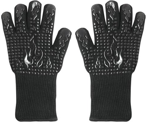 Annlpoy Guanti da barbecue guanti da forno alte temperature guanti ignifughi per camino, guanti da forno anti calore fino a 800 °C, grigliate e caminetti, neri, fibre aramidiche, polsini lunghi