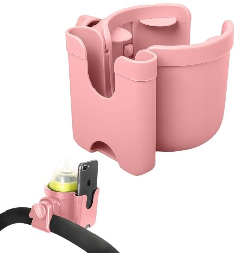 Portavasos universal para cochecito con funda para teléfono móvil, estante de almacenamiento 2 en 1 y soporte para bebidas de rotación de 360 grados, accesorio para cochecito de viaje, color rosa