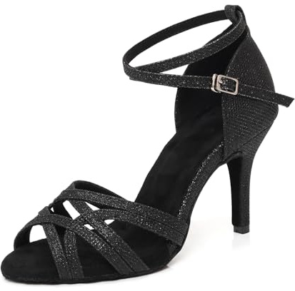 GYUBL Latin Ballroom Dance Shoes for Women Black Salsa Dance Heels Suede Sole Open Toe Bachata Parties Wedding Performance Professional 3 1/3 inch Dancing Heels, 7 US