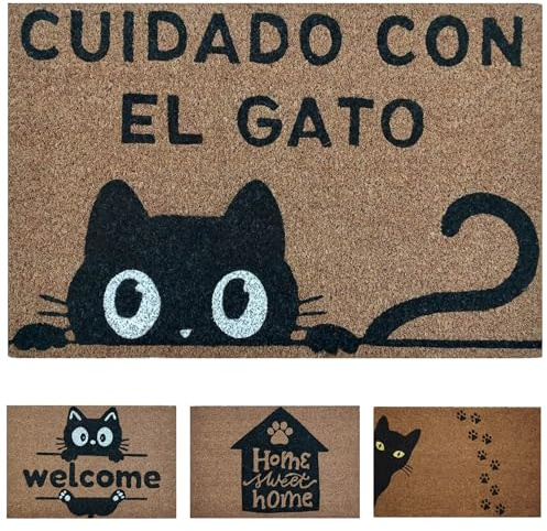 koko doormats Felpudo Entrada Casa Original de Coco Natural “Cuidado con el Gato” | Alfombra de Entrada Antideslizante para Exterior e Interior | 60x40 cm | Diseño Divertido | Base PVC Segura