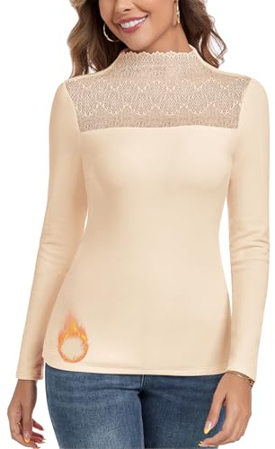 WOWENY Maglia Termica a Maniche Lunghe da Donna, con Colletto Alto, in Pile, Top Elegante con Pizzo, Caldo, per Autunno e Inverno, beige., L