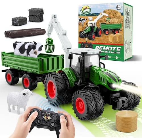 Tracteur Telecommandé Enfant, 2.4GHz Tractor Electrique, 1:16 Tracteur Jouet avec Lumière, Remorque, Grumes, Vache, Mouton et Balle de Foin, Jouet Enfant 3-12 Ans Garçon, Cadeaux de Noël Enfants