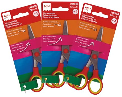 APLI Kids 20596- Confezione di 3 forbici da scuola da 13 cm con punta arrotondata | manico ergonomico bicolore e lame in acciaio inossidabile per bambini +4 anni