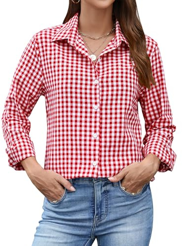 Rapbin blus damer långärmad blus skjorta enfärgad skjorta elegant randiga blusar casual affärskläder lös skjortblus bomull tunika skjorta toppar, röd-vit rutig, M