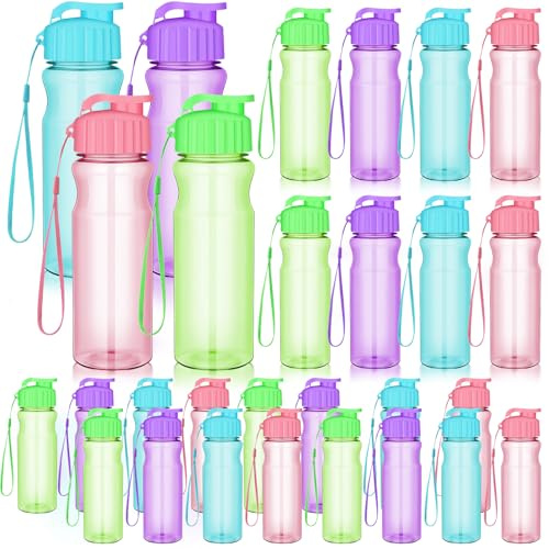 LYCN 20 Pcs Plastic Water Bottles Bulk for Kids, 500ml Clear Flip Top Sports Water Bottle with Lids and Handle Strap Leak Proof Tumbler for Adults and Kids School Gym Travel Outdoor - 4 Colours