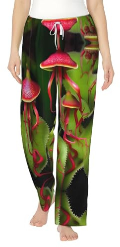 SABFWF Köttätande växt tryck mjuk varm kvinnors flanellpyjamasbyxor, perfekt för jul och vardagskomfort, Svart, M