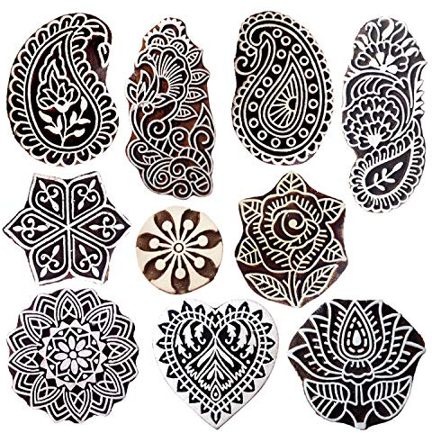 Royal Kraft Wooden Stamps for Block Printing on Saree Border, Textile, Clay, Pottery, Tattoo (Set of 10) MXtag0002