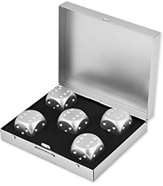 SCSpecial Dados de aleación de aluminio, 5 piezas de 16 mm, dados de metal portátiles con caja cuadrada, dados de 6 caras para beber y jugar, color plateado