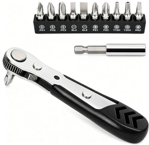 STREBITO Mini Ratchet Set,1/4 Ratchet Offset Screwdriver for Tight Spaces | Low Profile small Ratcheting Angled Screwdriver with 10 bits 90 Degree Offset screwdriver set 12PCS，0.47 thick