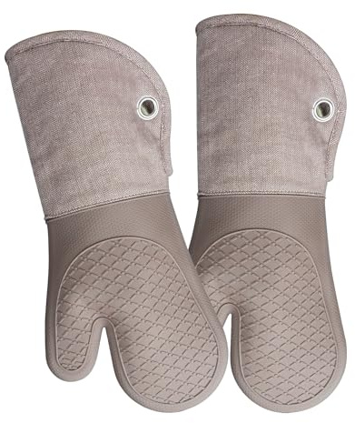 Professional Microwave Silicone Oven Mitts one Pair, Kitchen Mitten Set for Heat Resistant with 500 Degrees, Kitchen Gloves Pot Holder for BBQ Cooking Baking (Khaki)