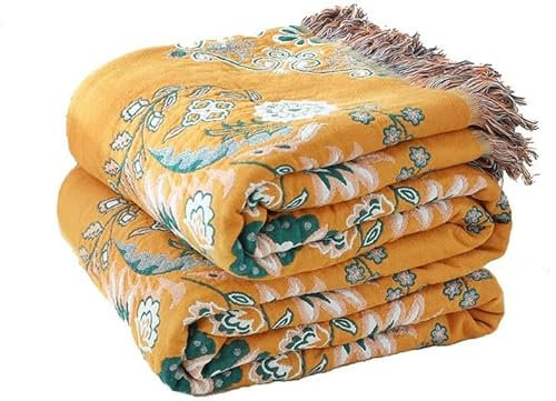 HOORDRY Boho Throw Blanket for Bed 100% Cotton Super Soft Floral Print Decorative Sofa Blanket,60×80 All Season Rustic Vintage Throw Suitable for Chair Bed Sofa Yellow & Green