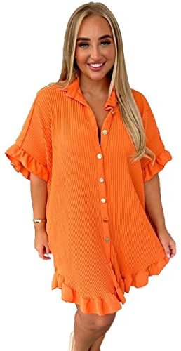 eyes Women’s Gold Button Pleated Short Sleeve Plain Collared Frill Hem Ladies Casual Loose Fit Oversized Baggy Plus Size Swing Summer Dresses for Women Orange One Size 8-22