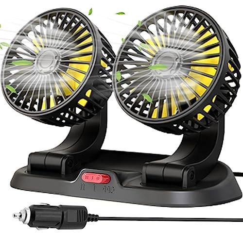 OKESYO 12V | 24V Auto Ventilator, Auto Lüfter Zigarettenanzünder, 12V Doppelkopf Auto Ventilator für KFZ, LKWs, SUV, 2-Gang, 360 Grad Rotation, Leise, 130cm Leinenlänge