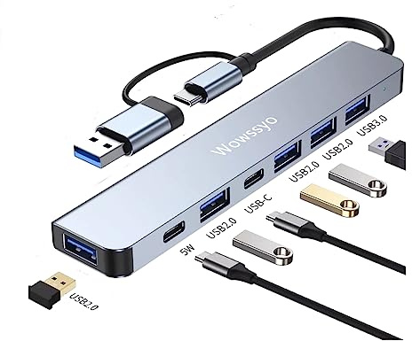 Wowssyo Hub USB C Multiport Adapter 7 en 1 Adaptador USB C a USB Ultra Slim Puertos USB 3.0/2.0, Puertos USB-C DC, para teléfono móvil Smartphone iPad Macbook Portátil Windows PC y Otros Dispositivos