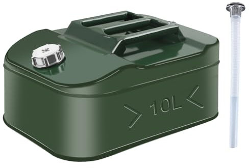 TIHOOK Jerry Can 10L, Fuel Can Green, Metal Petrol Can with Portable Fuel Tank Tube, For Diesel, Petrol, Oil