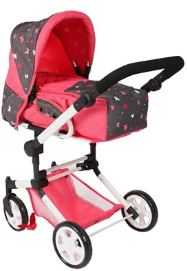 Bayer Chic 2000® 3in1 Kombi Puppenwagen Jara – Butterfly Koralle – faltbar, höhenverstellbarer Griff 47-78 cm – Tragetasche – Puppen bis 52 cm, 4-8 J.