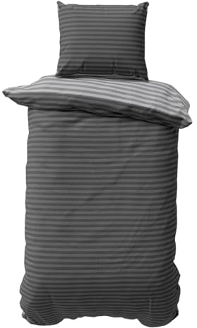 Visaggio Bettwäsche 155x220 cm 2 teilige Bettbezug Set Grau Anthrazit Damast Stripe Wendebettwäsche Bettwaren 70% Baumwolle 30% Polyester