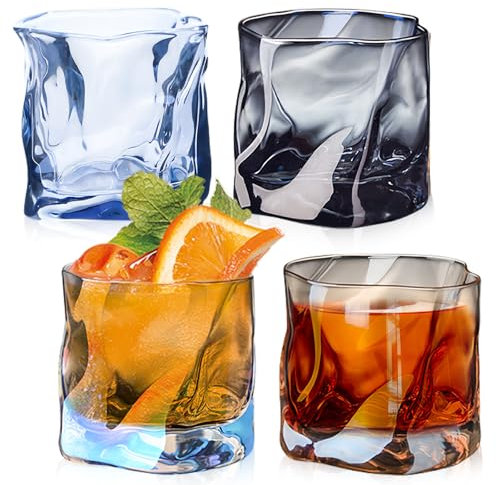 Juego de 4 vasos de whisky de cristal irregular, 200 ml, vasos de whisky, vasos de café helado, vasos de cóctel, vasos largos, agua, té, café, zumo, apto para lavavajillas, 4 colores