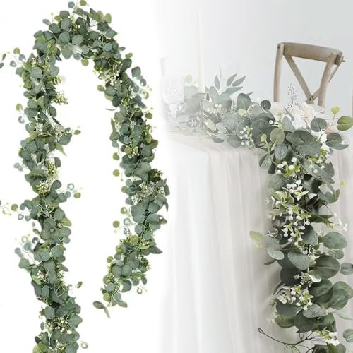 Parthan Eukalyptus Deko 180cm, Grüne Girlande für Hochzeit und Gartendekoration, Weiße Blume, Tannengrün, Simuliertes Eukalyptusrohr