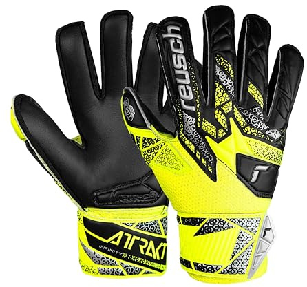 Reusch Attract Infinity Finger Support Junior Goalie Gloves, Soccer Goalkeeper Gloves with Finger Protection, Breathable Durable, for Artificial Grass & Hard Surfaces, Kids Youth Size 6 Black & Yellow