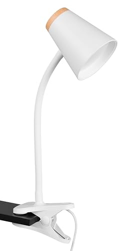 Reality Leuchten Pongo R25831101 - Lampada a morsetto, in plastica bianca opaca, riproduzione in legno, con LED da 4,5 Watt, braccio flessibile
