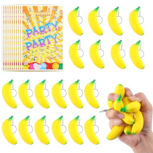 Anboor 20 pezzi di giocattoli a banana Squishies con portachiavi e 10 sacchetti per feste, giocattolo elastico a banana per alleviare lo stress, mini stress, per adulti e bambini