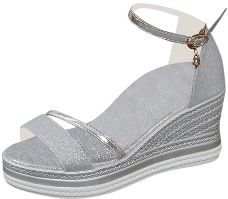 Damsandaler med glittrande remmar och kilklack sandaler dam med klack, elegant, enfärgad, platåbältesspänne, öppen tå, justerbara festskor, silver, 38 EU