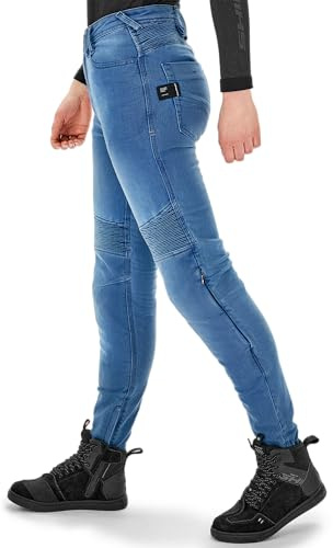 SHIMA Zenith Jeans Moto Mujer Protectores GFLEXX Homologado Ajustado Textile Vaqueros Urbano Pantalón Protección de Rodilla Ventilado Elástico Ropa de Verano (Femenino, Azul, 34/30)